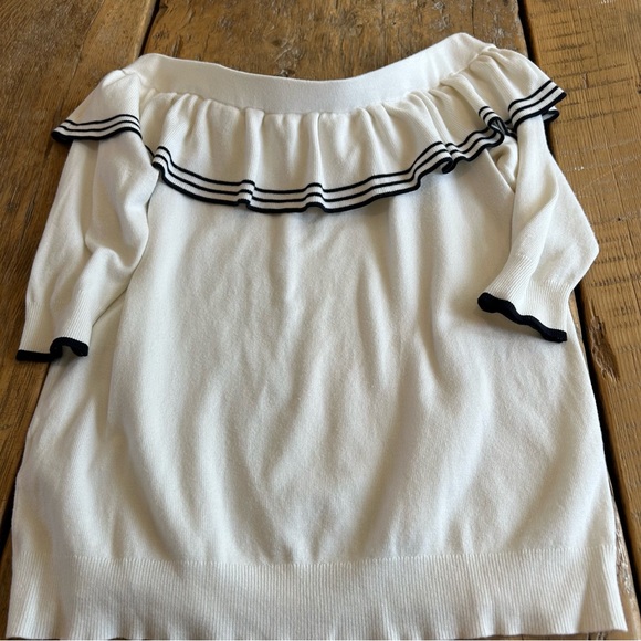 RW&CO. Off Shoulder Ruffle Knit Cream and Navy Preppy Sweater - Picture 3 of 4